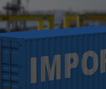 3D-рендеринг синего морского контейнера с надписью 'IMPORT' на фоне размытого портового пейзажа с кранами
